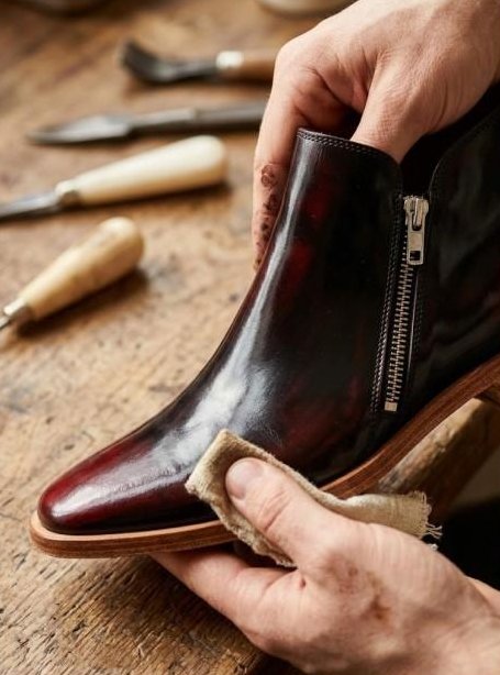 Hands burnishing a leather boot in the workshop